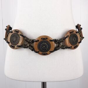 Concho Belt Mixed Media Wood Chain Boho Festival Womens Size Small Tan Neutral